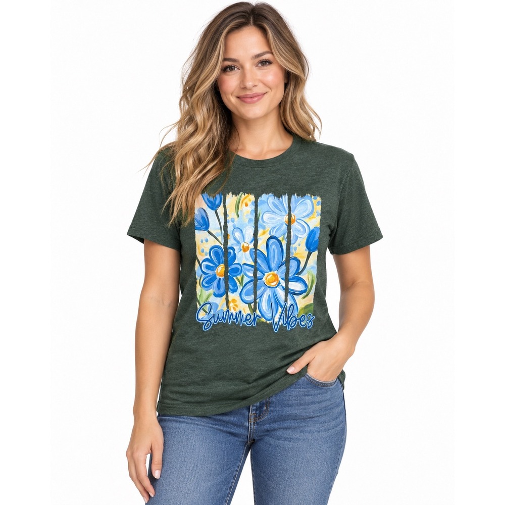 Love in Faith Floral Graphic Tee Women's M Green Blue Daisy Boho T-Shirt